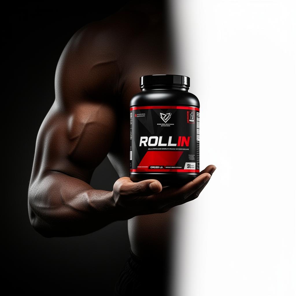 Athlete holding a Rollin Total Fitness protein supplement