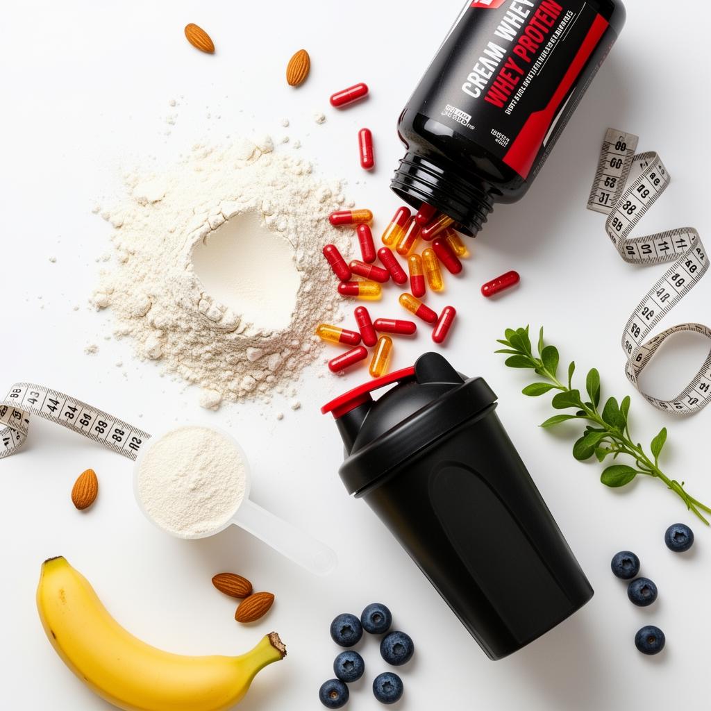 Scattered fitness supplements, protein powder and whole foods